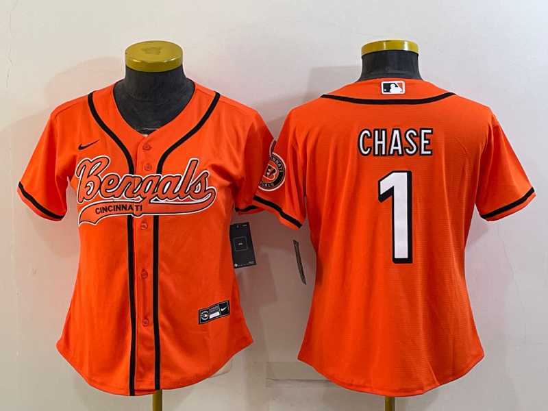 Womens Cincinnati Bengals #1 JaMarr Chase Orange With Patch Cool Base Stitched Baseball Jersey->women nfl jersey->Women Jersey